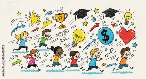Children running towards success and education with symbols.