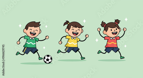 Happy children playing soccer together enjoying outdoor sports and active playtime.