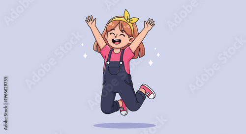 Happy cartoon girl jumping with joy and excitement.