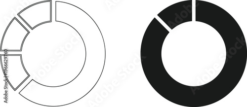 Comparative donut chart illustration showing segmented data visualization with six-part detailed chart and simplified three-part black diagram