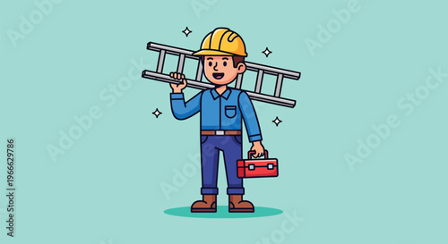 Happy construction worker carrying ladder and toolbox Vector Illustration.