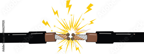 Exposed electrical cables sparking with copper wires and lightning bolts, dangerous short circuit illustration highlighting power surge risk