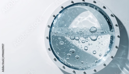 A circular window filled with clear water and rising bubbles against a white background