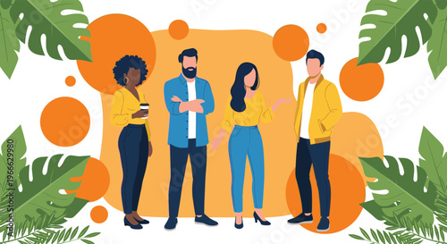 Flat vector illustration of diverse group of friends socializing with tropical leaves and orange circles background, modern people character design