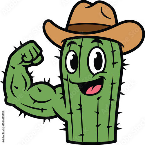 Funny cartoon cactus character with cowboy hat flexing muscular arm, humorous western desert plant illustration for playful design projects
