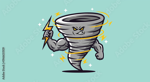 Powerful Tornado Mascot Holding Lightning Bolt Illustration.