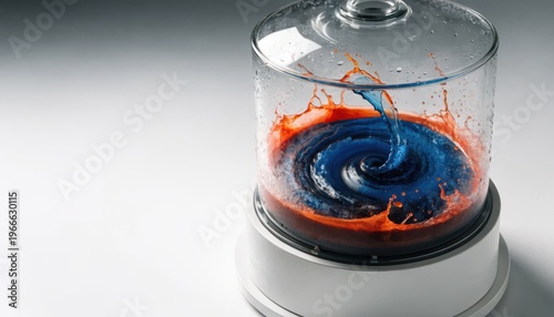 Blue liquid swirls into orange liquid creating a dynamic splash inside a glass container