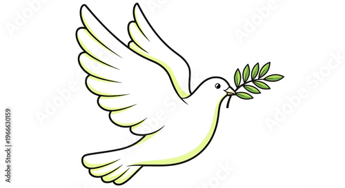 Cartoon white dove flying with olive branch in beak symbolizing peace and harmony symbol serenity calmness love hope innocence freedom