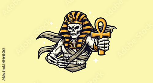Scary Mummy Skeleton Holding Ankh Symbol Egyptian Pharaoh.