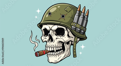 Skull in military helmet smoking cigar vector illustration.