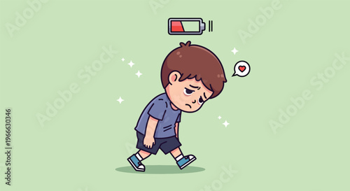 Tired boy with low battery indicator above his head.