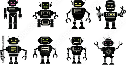 Set of eight cartoon robots with unique designs, colorful mechanical characters featuring claws, gears, tools, and malfunction sparks illustration