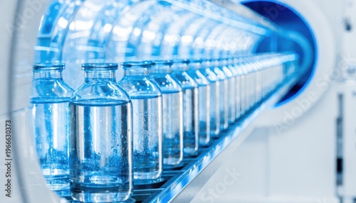 Clear glass bottles filled with liquid move along a production line
