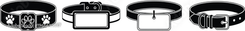 Set of four pet collar designs with buckles and ID tags, black and white vector illustration for dog cat accessories