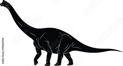 Silhouette illustration of giant sauropod dinosaur with long neck, prehistoric animal artwork highlighting ancient wildlife, paleontology, and educational design
