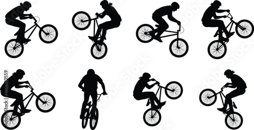 Silhouette illustrations of BMX riders performing tricks, showcasing extreme sport, dynamic stunts, athletic skill, and creative biking motion