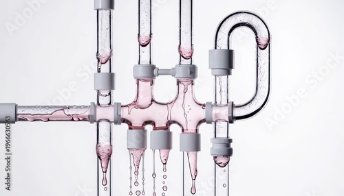 Complex network of clear glass tubes with pink liquid flowing and dripping