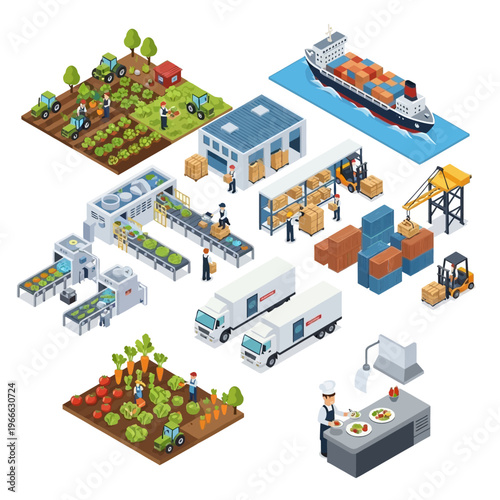 Isometric illustration depicting the entire agricultural supply chain, from farm to table, including cultivation, processing, logistics, and distribution.