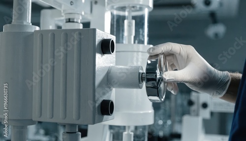 Gloved hand adjusts dial on medical equipment