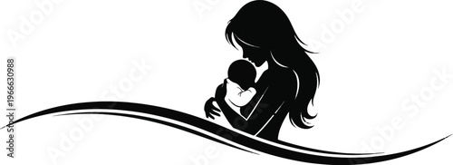 A mother and baby silhouette with an elegant wavy line, symbolizing gentle care, love, and protection.