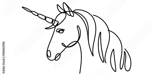 Continuous line drawing of a mythical unicorn head with a spiral horn and flowing mane.