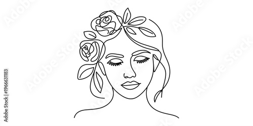 Minimalist continuous line art drawing of a beautiful woman face with flowers in her hair.