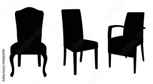 Three black chairs displayed against a white background a striking silhouette