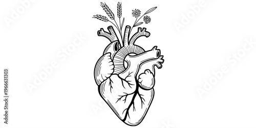 Anatomical human heart line art with flowers and wheat growing from the aorta and vessels.