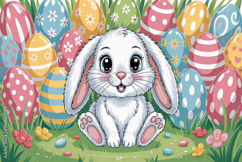 White bunny sitting in grass with colorful easter eggs