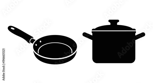 Black cookware set including a frying pan and covered pot silhouette