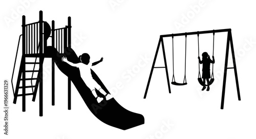 Children playing on a playground with a slide and swings silhouette