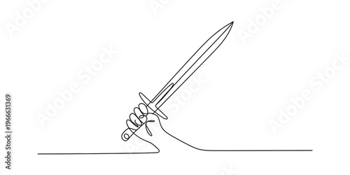 A minimalist continuous line art illustration of a hand firmly gripping a medieval sword hilt.