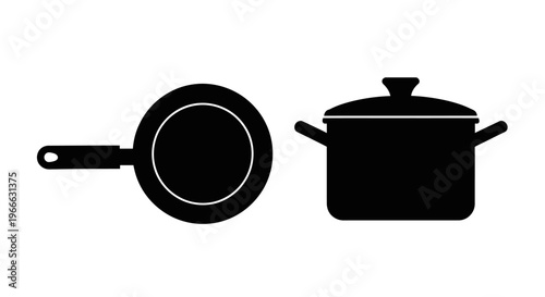 Black cookware set including a frying pan and covered pot silhouette