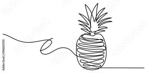 Single line art drawing of a minimalist pineapple fruit with leafy crown on a white background.