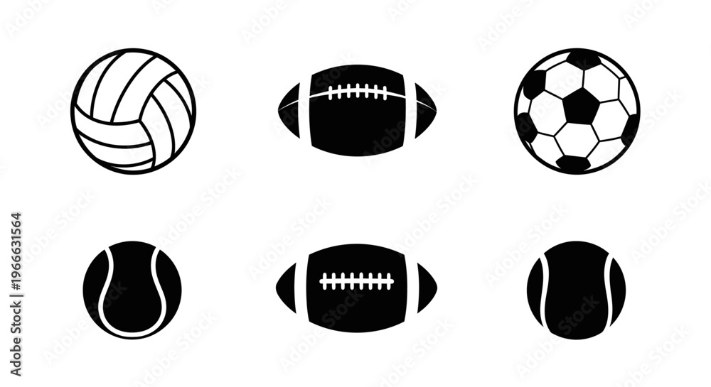 Fototapeta premium Various sports balls depicted in a bold black silhouette