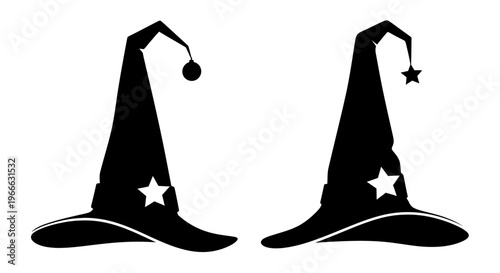 Two pointed witch hats displayed in striking black silhouette