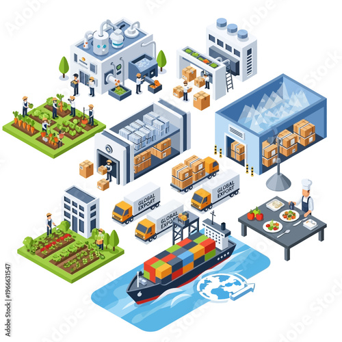 Isometric illustration depicting the entire supply chain from agriculture and manufacturing to global shipping and food preparation.