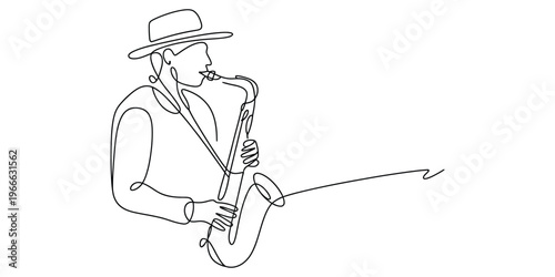 A continuous line drawing of a jazz musician wearing a hat and playing a vintage brass saxophone