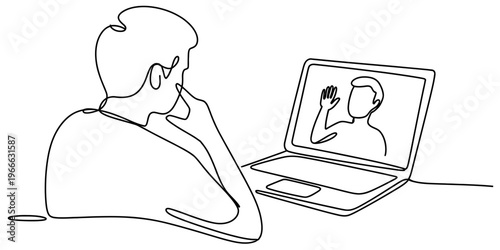 Continuous line drawing of a person sitting at a desk and having a video call on a laptop computer.