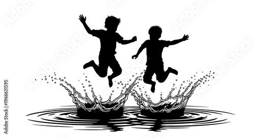 Two joyful children leaping from water splashes a striking silhouette