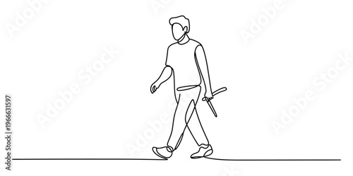 A continuous single line drawing of a young man walking while holding a pair of shears in hand
