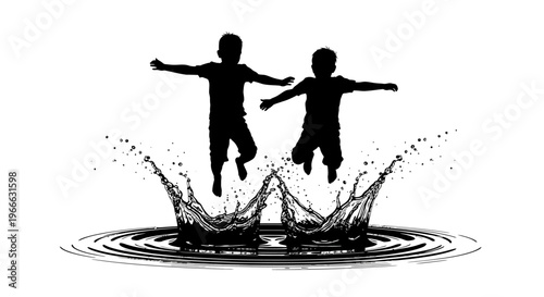 Two joyful children jumping above water splashes a striking silhouette