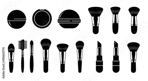 Black makeup tools and cosmetics arranged in a graphic silhouette