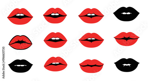 A collection of vibrant red and black lip shapes in a graphic silhouette