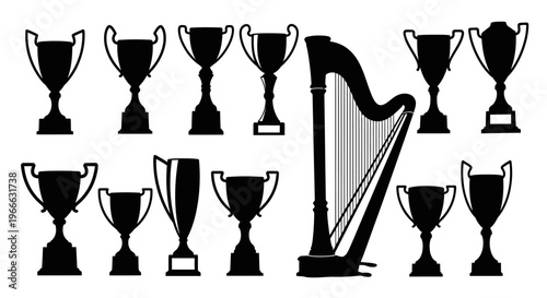 A collection of trophy and harp shapes depicted in black silhouette