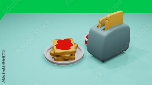 Rotating 3D Toaster with Bread and Jam on Table Animation