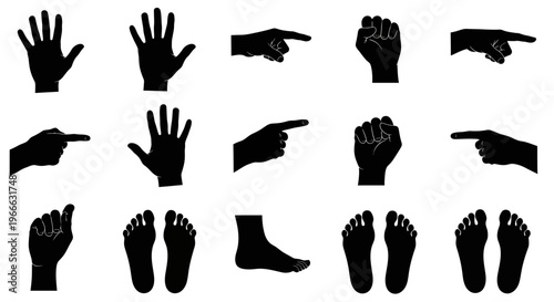 Diverse collection of black hand and foot gestures in silhouette