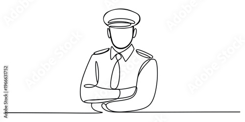 Minimalist single continuous line drawing of a formal police officer with arms crossed in uniform