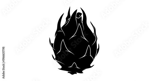 Dramatic black silhouette of a dragonfruit against a white background silhouette