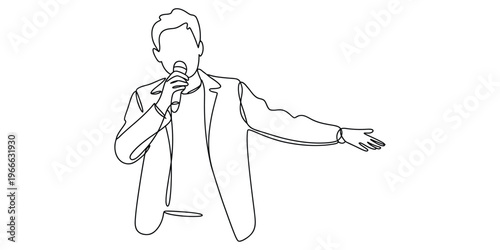 A line art drawing of a man in a blazer speaking into a microphone while gesturing with one hand